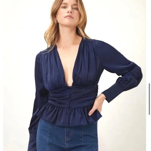 JASON WU | Navy Satin Peplum Blouse Top Long Sleeve V-Neck NWT | Size Large - Picture 1 of 7